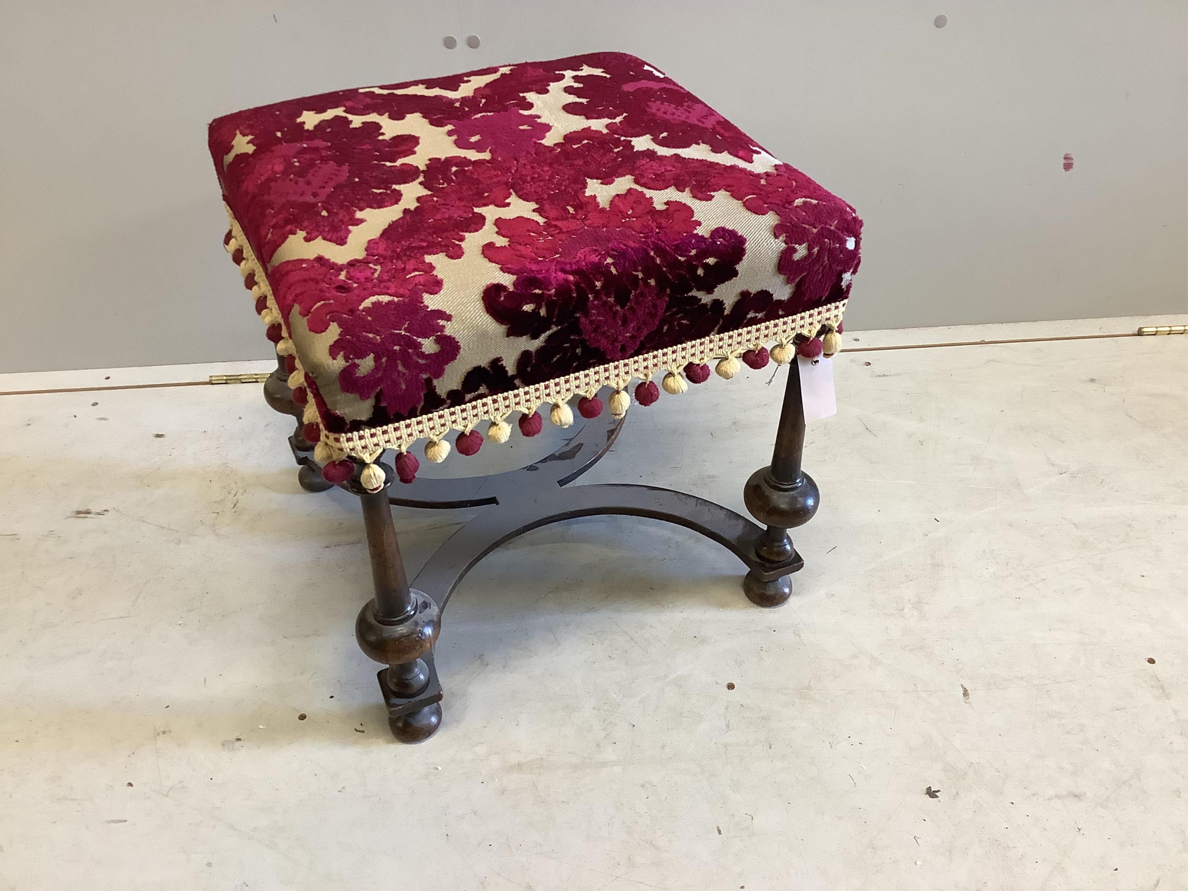 An 18th century style walnut dressing stool, width 48cm, height 48cm. Condition - fair